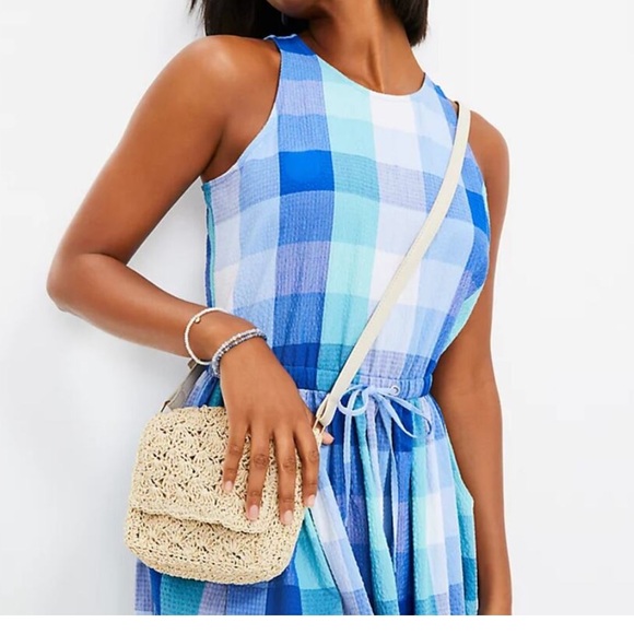 LOFT Plaid Cutout Back Midi Pocket Dress Blue Aqua White Size M. NWT - Picture 3 of 15